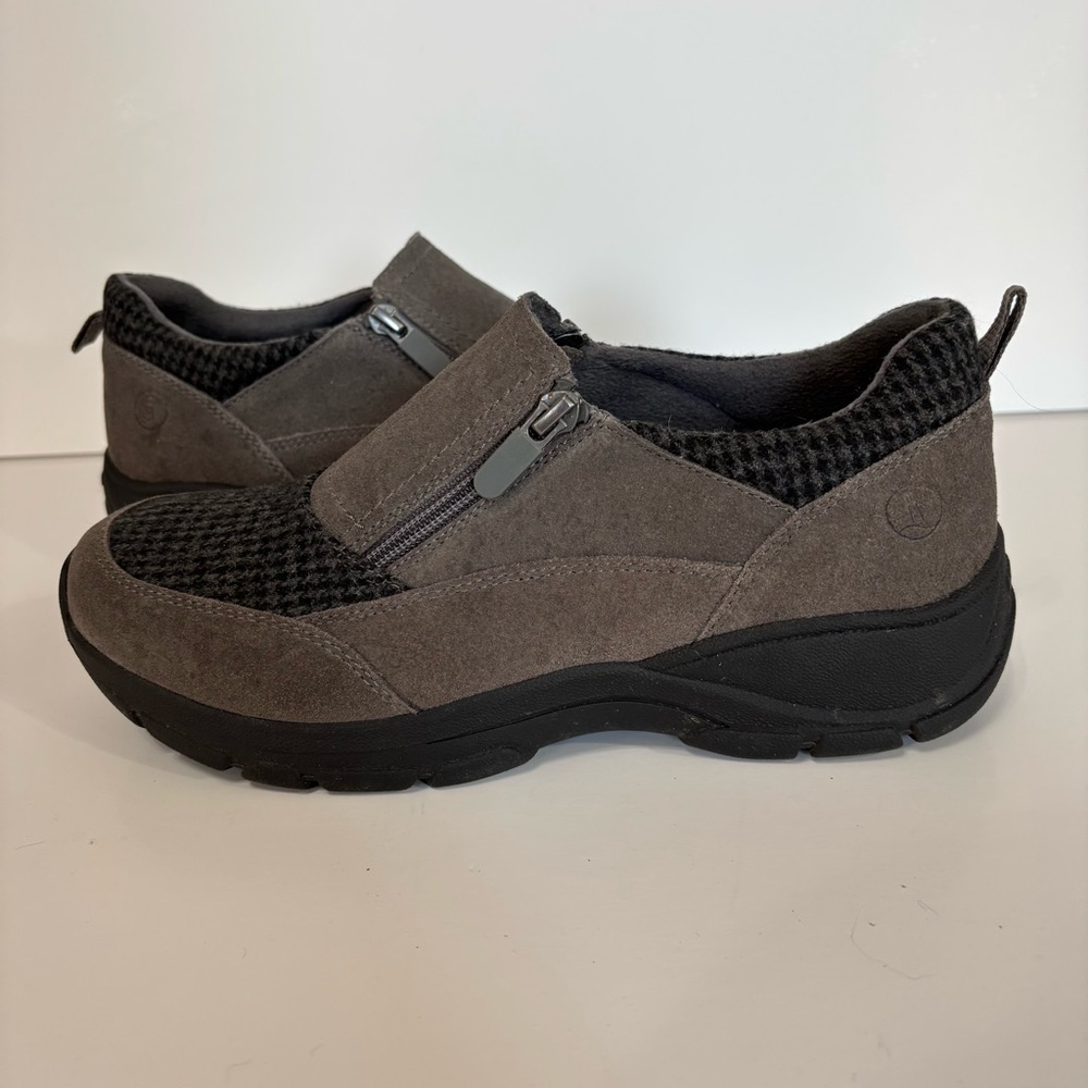 Lands End Charcoal Gray Suede Houndstooth Zip Slip On Loafers 8.5B 532386